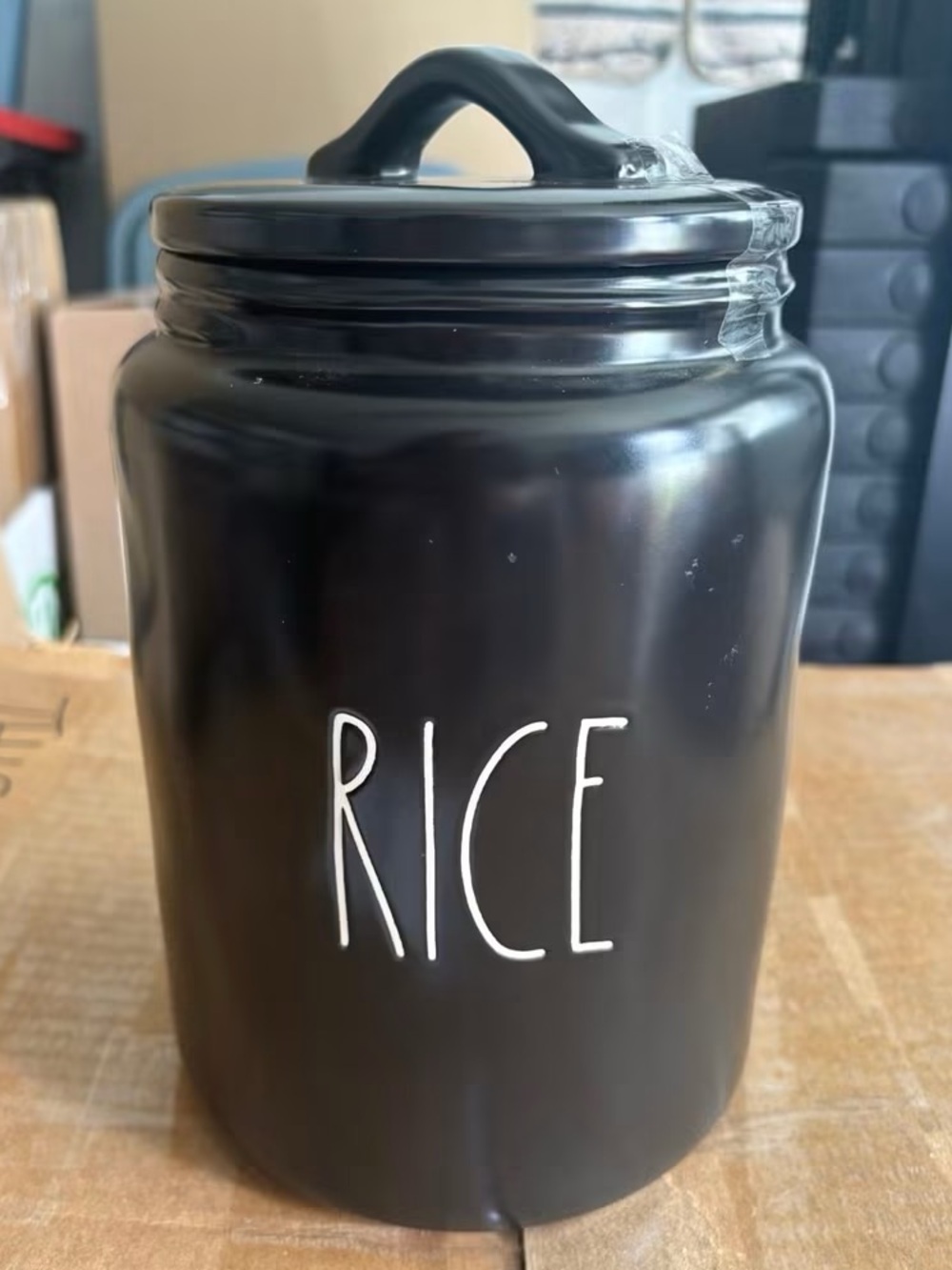 Rae Dunn Black Ceramic Rice Canister with White Lettering